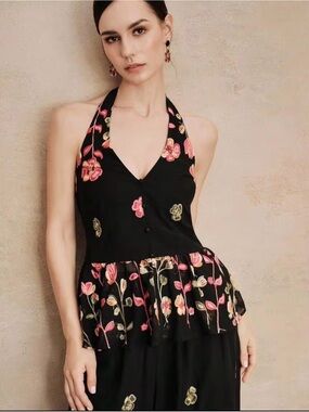 Floral Halter Peplum Top V-Neck Black Pink Green Embroidery Shirt Blouse XL